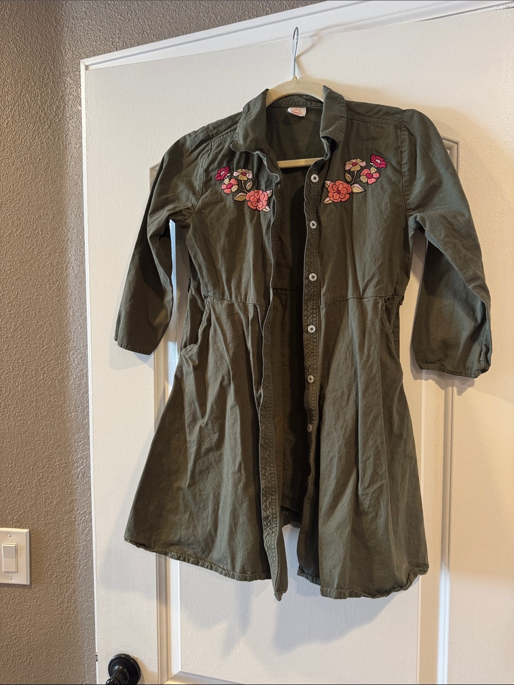 wonder nation Olive Green Button-Front Dress with Pink Floral Embroidery